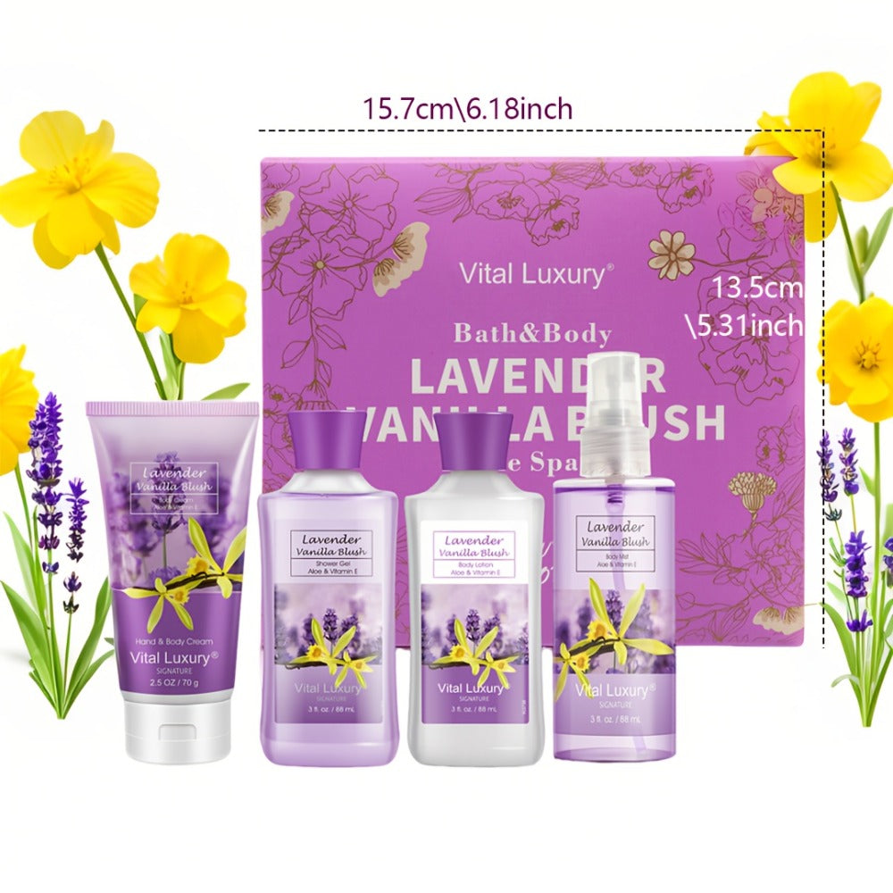 Luxury Bath Gift Set for Women 4pcs Lavender Vanilla Body Care Kit Shower Gel Body Lotion Body Cream Fragrance Mist for Mom Wife Girlfriend All Skin Types