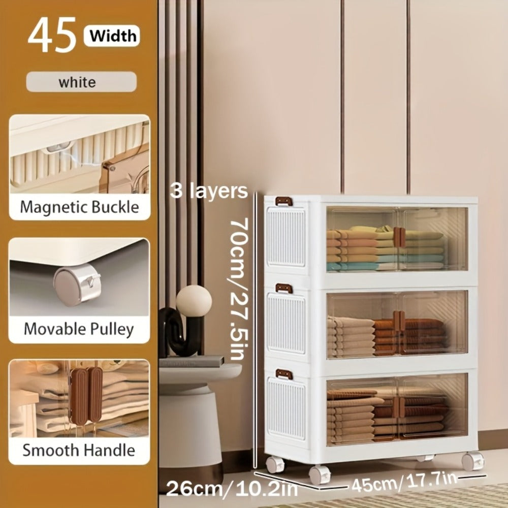 Stackable Storage Cabinet with Doors and Wheels | Collapsible Plastic Locker 1-5 Layers Large Capacity Home Organization for Bedroom Living Room Kitchen Easy Assembly Space Saving