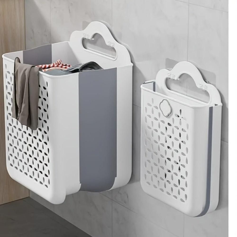 Foldable Laundry Basket Wall Mounted ¨C No-Drill Plastic Storage Bin with Cutout Design for Clothes, Toys, Snacks & Fruits ¨C Space-Saving Collapsible Organizer for Bathroom, Balcony & Bedroom
