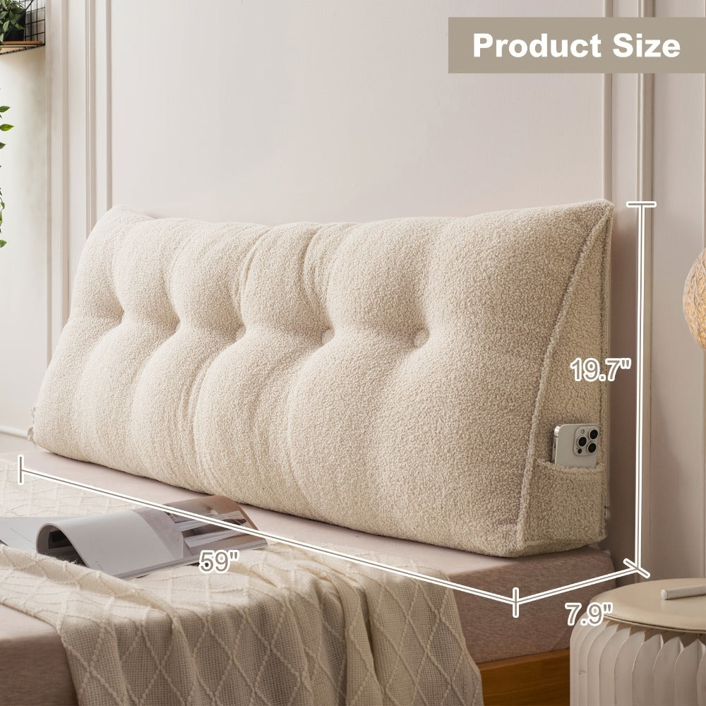 Bed Wedge Pillow Headboard Pillow with Side Pockets Removable Washable Cover Teddy Velvet Reading Pillow Twin Queen King