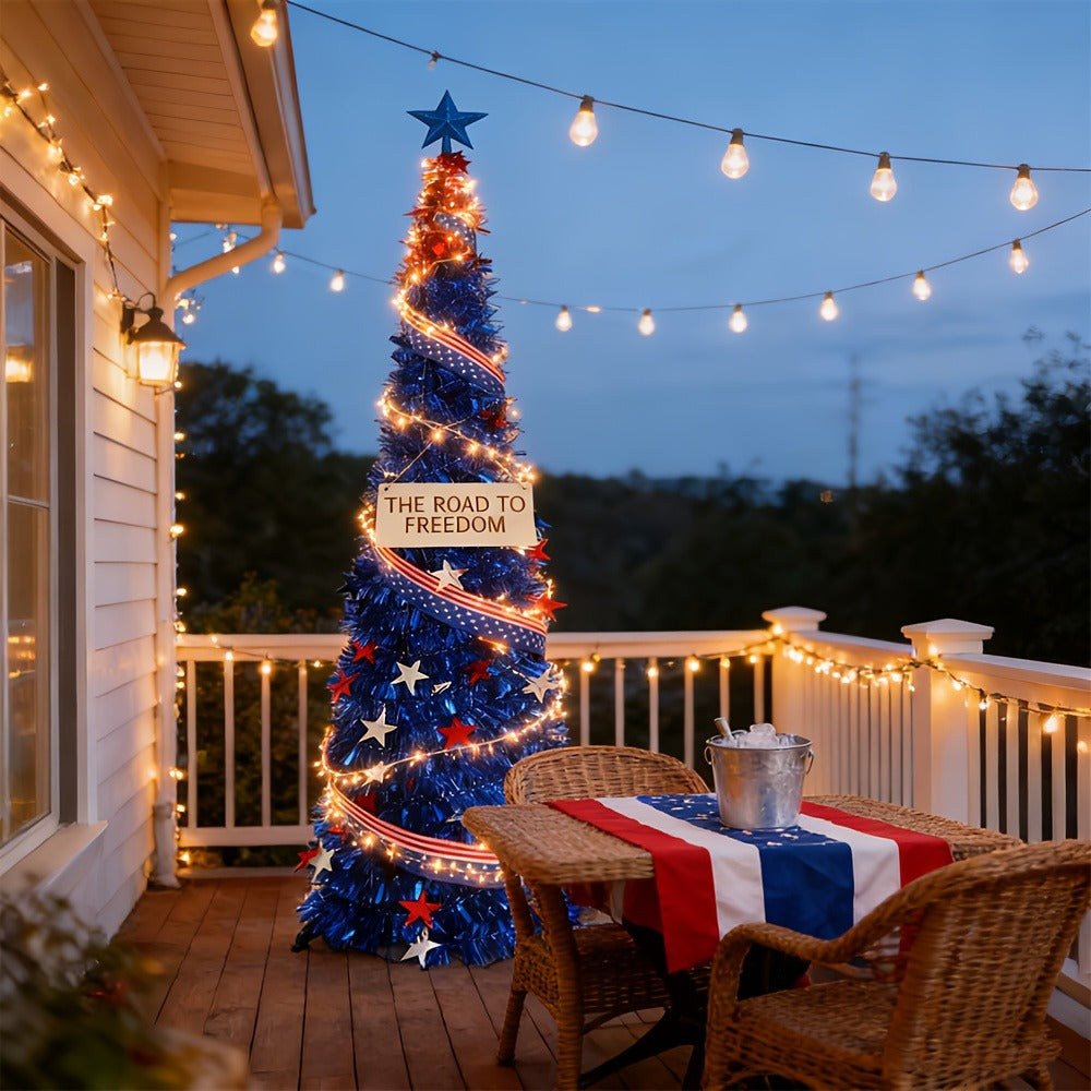 4th of July Decorative Tree 5ft LED Light, Foldable Patriotic Stars & Stripes Blue Christmas Tree with Red White Blue LED String Lights, Independence Day Party Decoration & Summer Gift