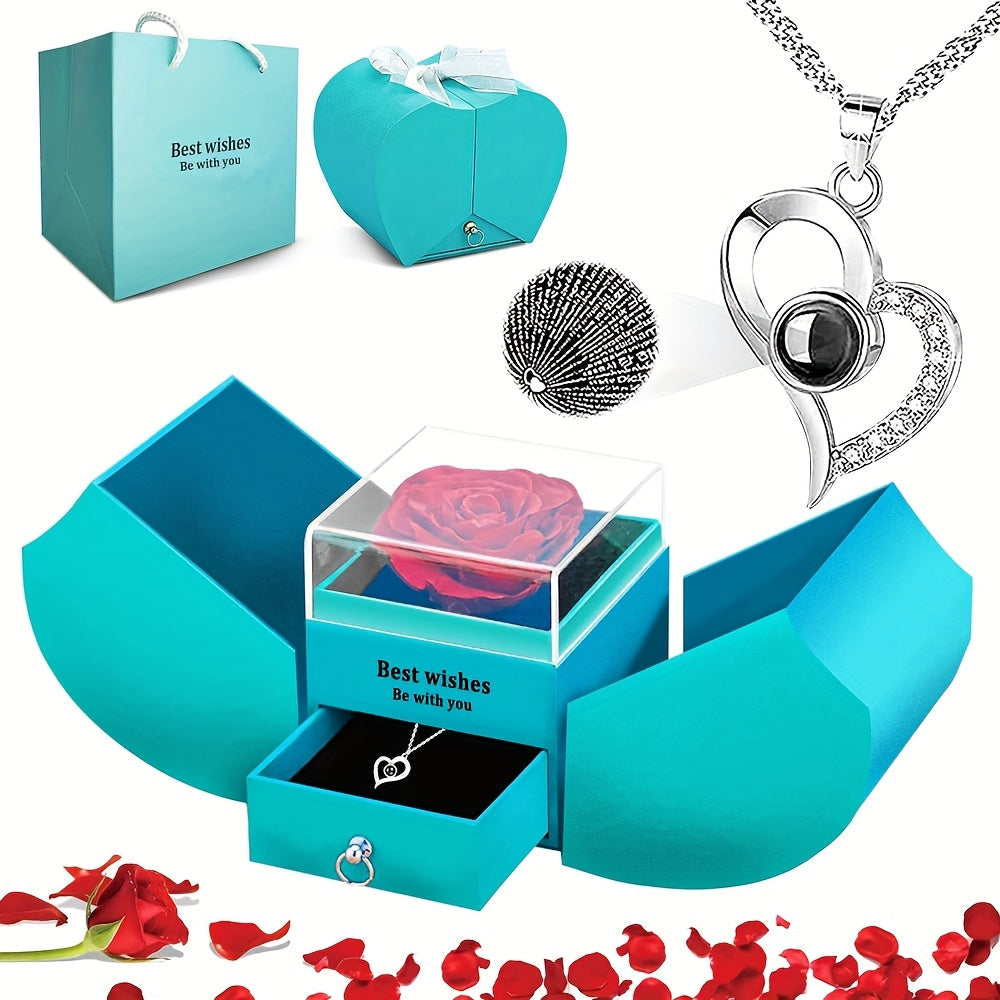 Preserved Real Rose Gift Box with I Love You in 100 Languages Necklace ¨C Romantic Gifts for Girlfriend Wife Mom ¨C Valentine's Day Birthday Mother's Day Christmas Gift Idea for Women