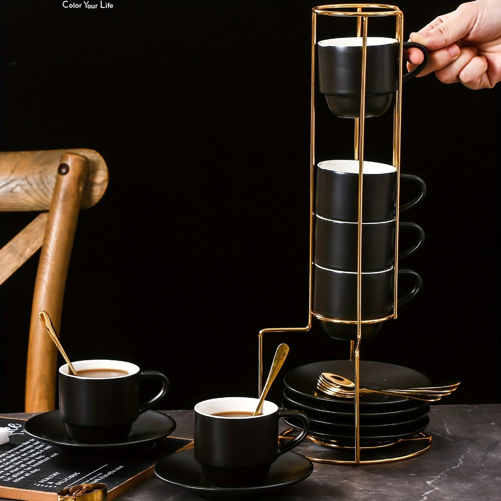 Espresso Cups Set of 6 with Saucers, Spoons & Metal Stand, 4oz Stackable Ceramic Cappuccino Mugs for Double Espresso, Lungo & Afternoon Tea ¨C Matte Black & Matte White