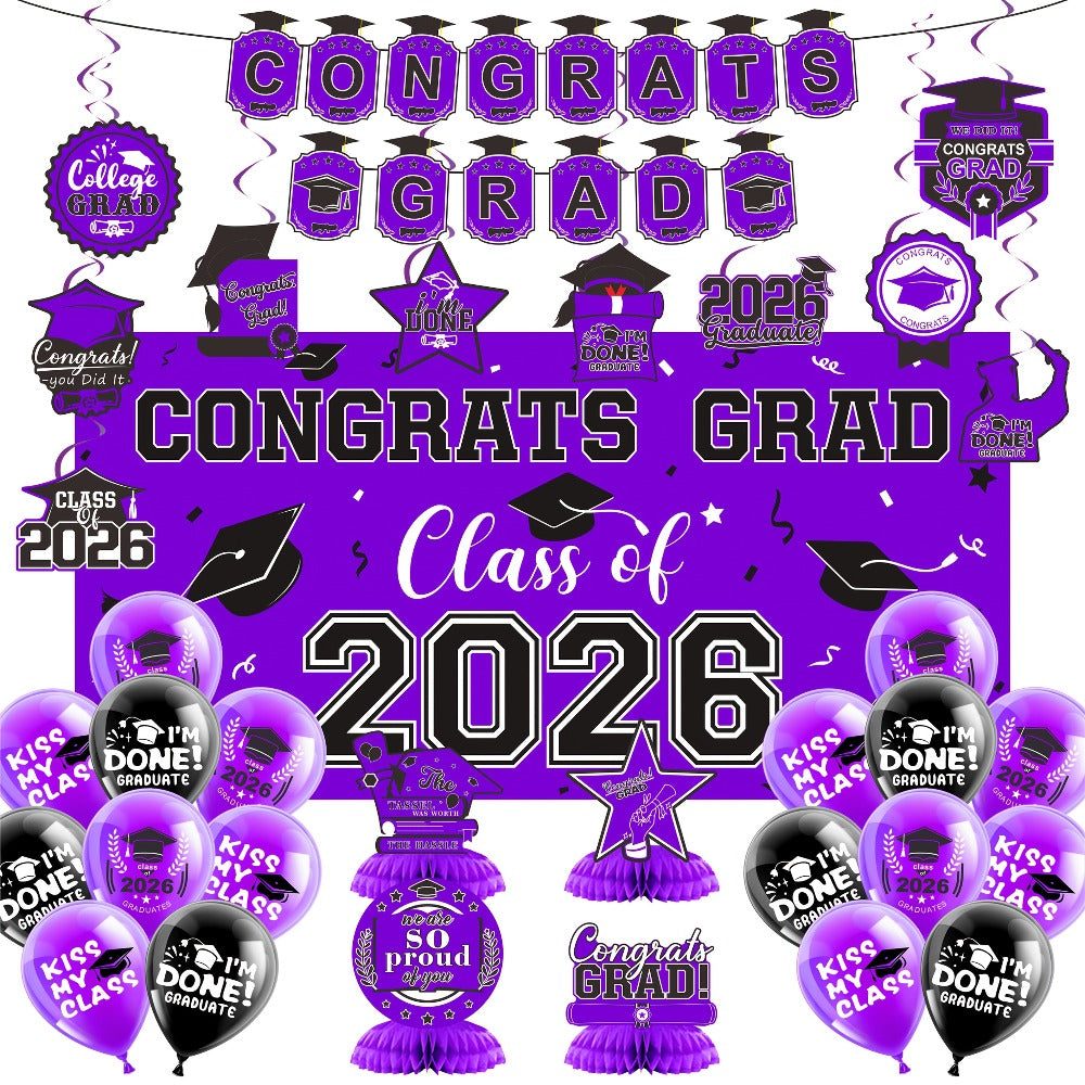 2026 Graduation Decorations Set ¨C Congrats Grad Banner, Backdrop, Hanging Swirls & Honeycomb Table Toppers, Class of 2026 Party Supplies Kit