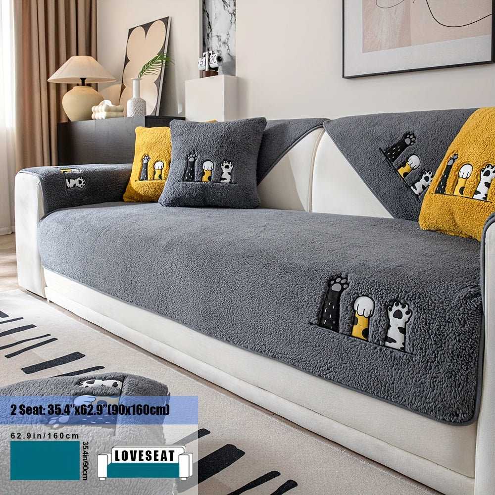 Sherpa Sofa Cover Cat Paw Embroidered Thick Plush Couch Slipcover Non-Slip Seat Cushion Protector Pet-Friendly Machine Washable Furniture Cover for Living Room Home Decor