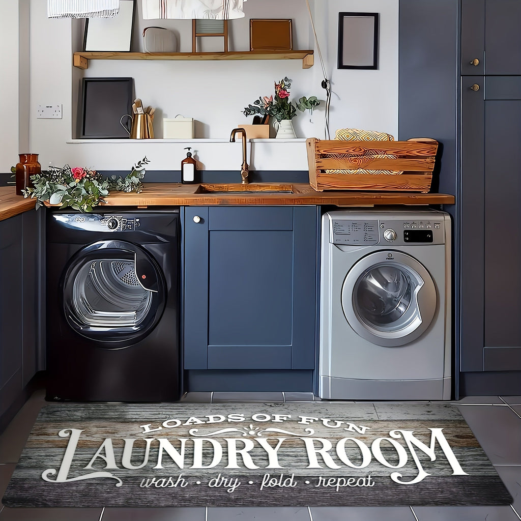 Non-Slip Laundry Room Mat Wood Grain Design - Heavy Duty Washable Rubber Backing Carpet | Rustic Dark Brown & Gray Kitchen Bathroom Rug | Durable Easy Clean Home Floor Mat in 2 Sizes