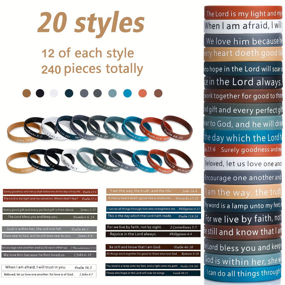 240pcs Bible Verse Silicone Wristbands Bulk ¨C Christian Motivational Bracelets for Baptism, Wedding, Easter, Father's Day Religious Gifts Unisex