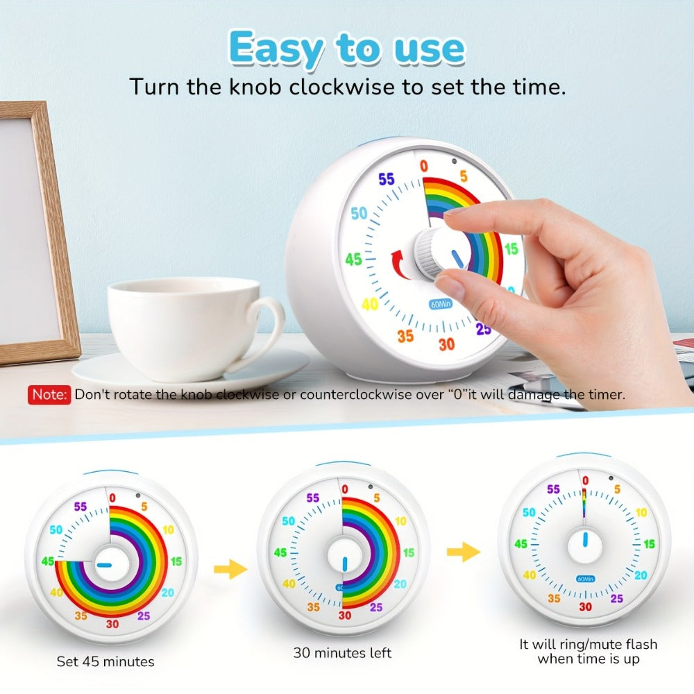Visual Timer 60 Minute Countdown Silent Tomato Timer Rainbow Pattern for Classroom Office Kitchen Desktop Time Management Tool Battery Powered