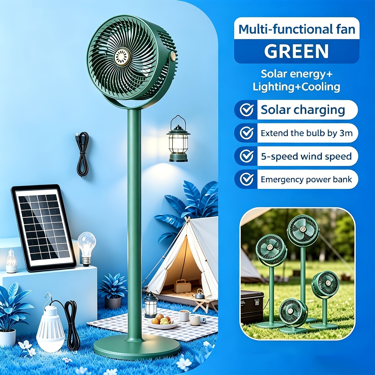 Solar Floor Fan 33-Inch Rechargeable 4000mAh USB Standing Fan Power Bank 2-in-1 360¡ã Tilt 5-Speed 4-Height Adjustable for Indoor Outdoor Courtyard RV Camping