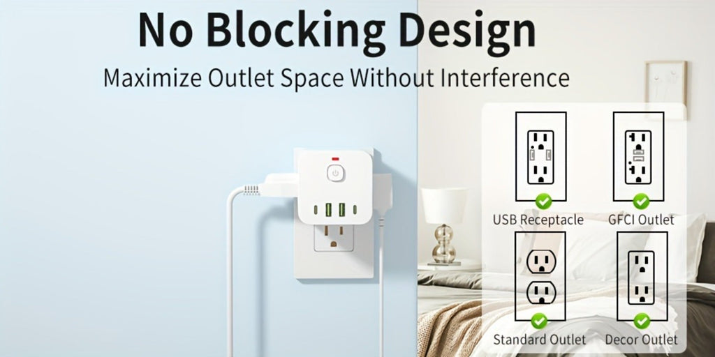 Wall Outlet Extender 8-in-1 with 4 AC Outlets 2 USB-A 2 USB-C Ports Power-Off Switch Overload Protection 4-Sided Design for Living Room Kitchen Bathroom Bedroom Office White