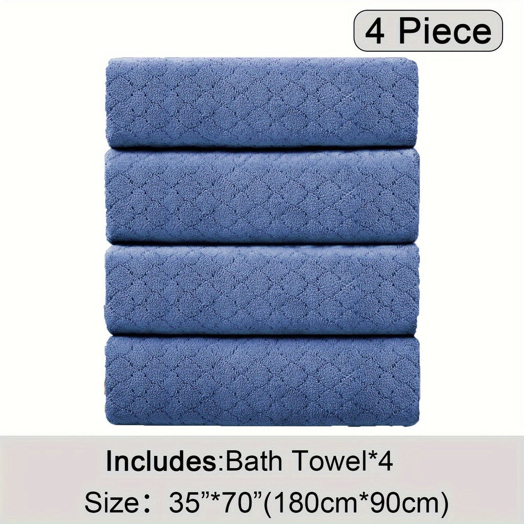 Oversized Bath Towel Set 4 Piece Diamond Pattern Microfiber - Ultra Soft Highly Absorbent Quick Dry | 10 Colors | Blue Green Black Gray Navy Orchid Brown Purple White Turquoise | Bathroom Hotel Gym Gift