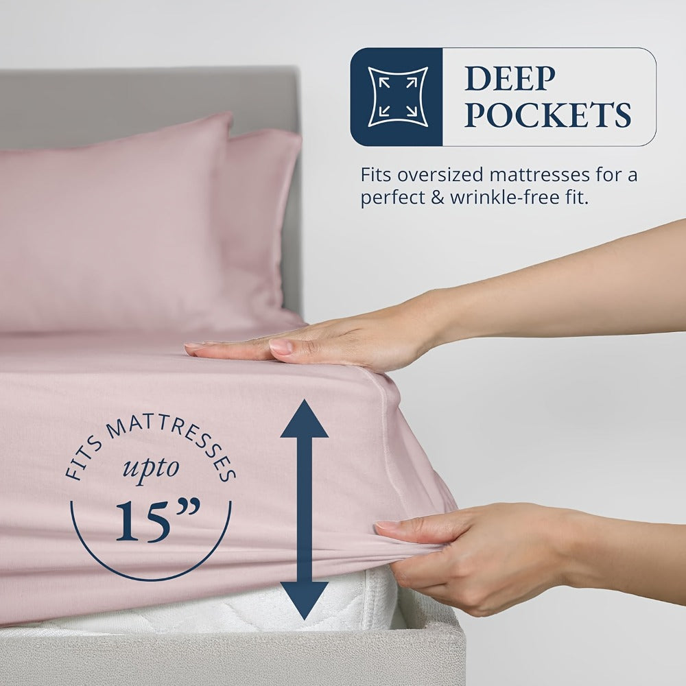 Bamboo Fitted Sheet Set 3-Piece ¨C Cooling Breathable Soft Deep Pocket Bed Sheets, Twin Full Queen King, 12 Colors ¨C Fits Mattress Up to 15¡±