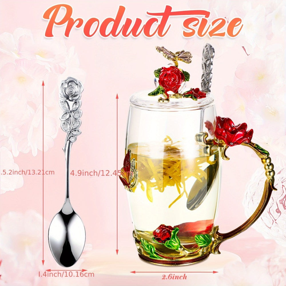 Flower Glass Tea Cups with Lids and Spoon 4 Sets Butterfly Vintage Floral Clear Glass Coffee Mugs 12oz Gift for Women Mom Wife Girlfriend Mother's Day Pink Purple Blue Red