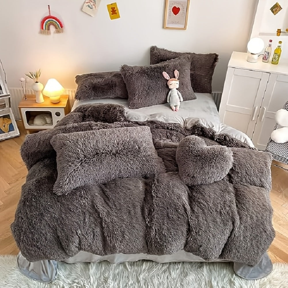Faux Fur Duvet Cover Set Twin Queen King Super Soft Plush Comforter Cover with Pillowcases Heart Pillow for Kids Teens Machine Washable Bedroom Decor