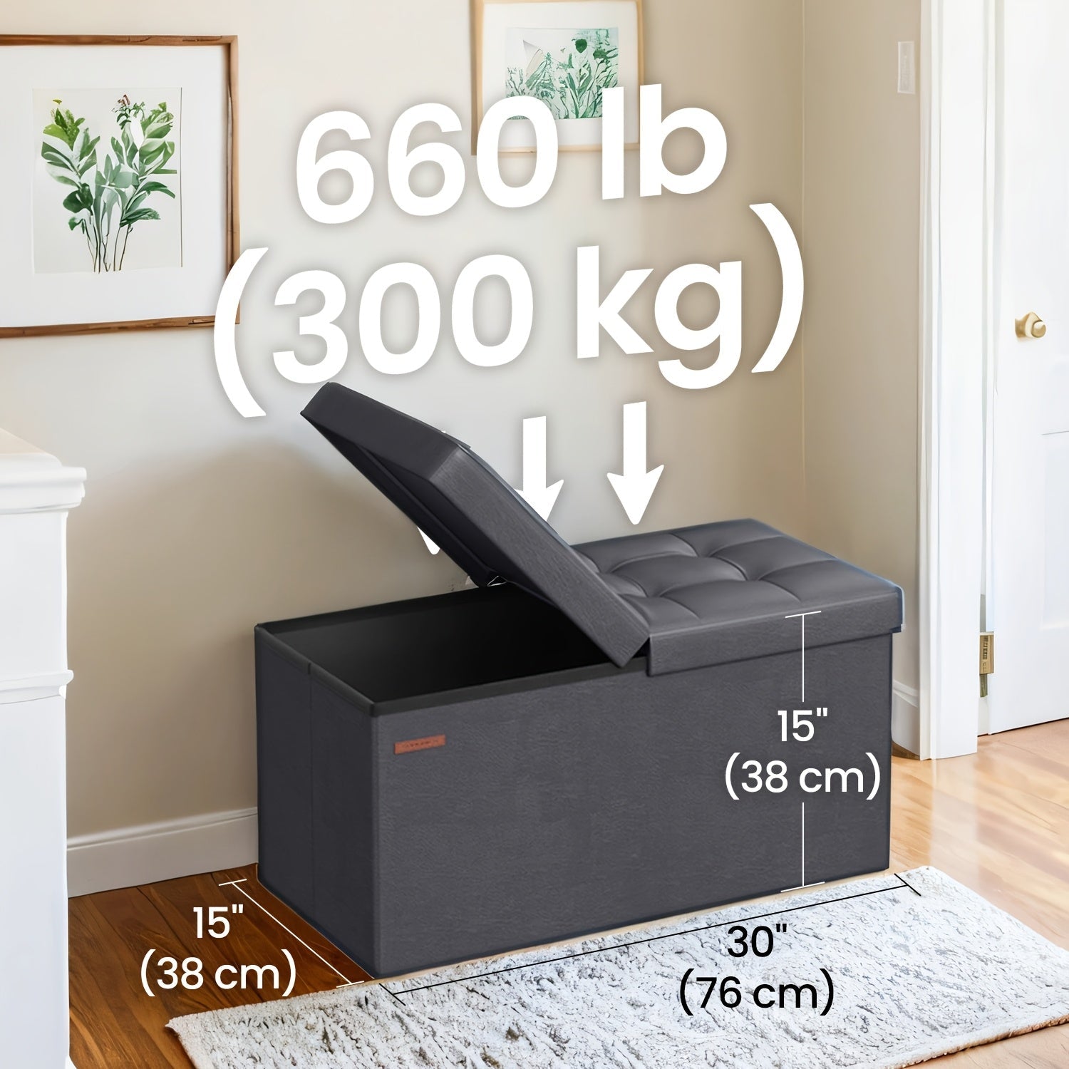Storage Ottoman with Flip Top Lid 660lbs ¨C Foldable Faux Leather Chest Stool, 30¡± Wide Extra Seating & Blanket Storage for Entryway, Living Room & Bedroom