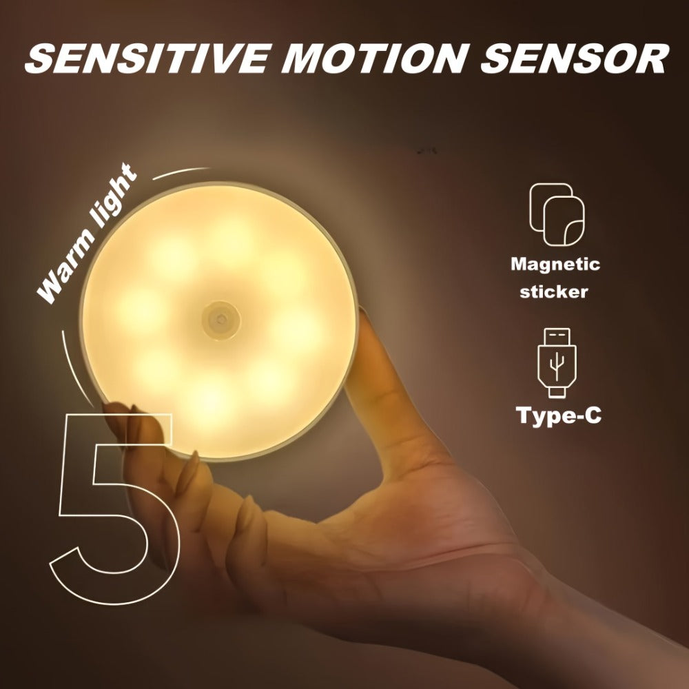 Motion Sensor Night Light 8 LED USB Rechargeable Built-in Battery Eye Protection Wireless Cabinet Light for Stairs Bedroom Closet Garage