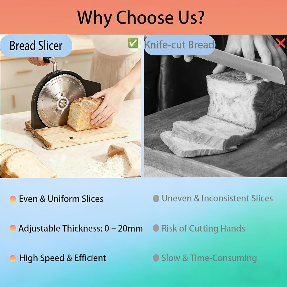 Bread Slicer Manual Adjustable Thickness Uniform Slices Hand Crank Serrated Blade Suction Base Measurement Markings for Sourdough Artisan Homemade Bread Loaf