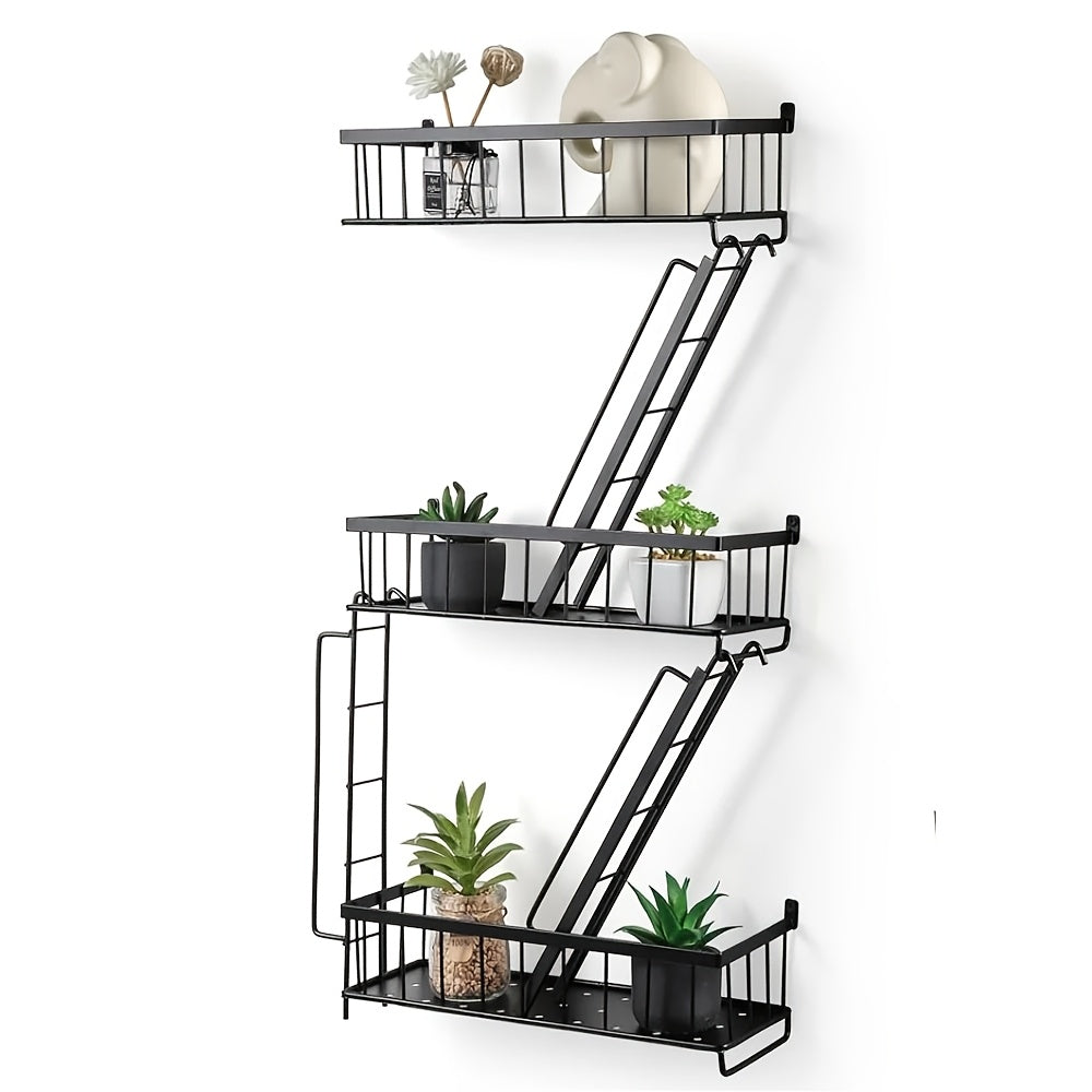 Wall Mounted Staircase Shelf with Hooks, Multi-Level Iron Storage Rack Floating Shelves for Bedroom Living Room Kitchen, Contemporary Metal Wall Organizer Home Decor Display