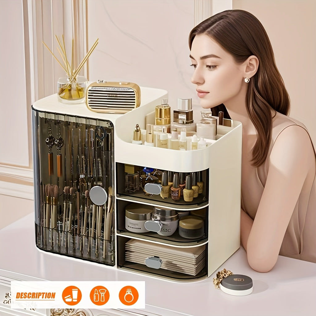 Makeup Organizer with 3 Drawers and Mirror - Large Capacity Cosmetic Storage Box Vanity Organizer for Skincare Contact Lens Display Case Bathroom Counter Organizer | Transparent Black Cream White