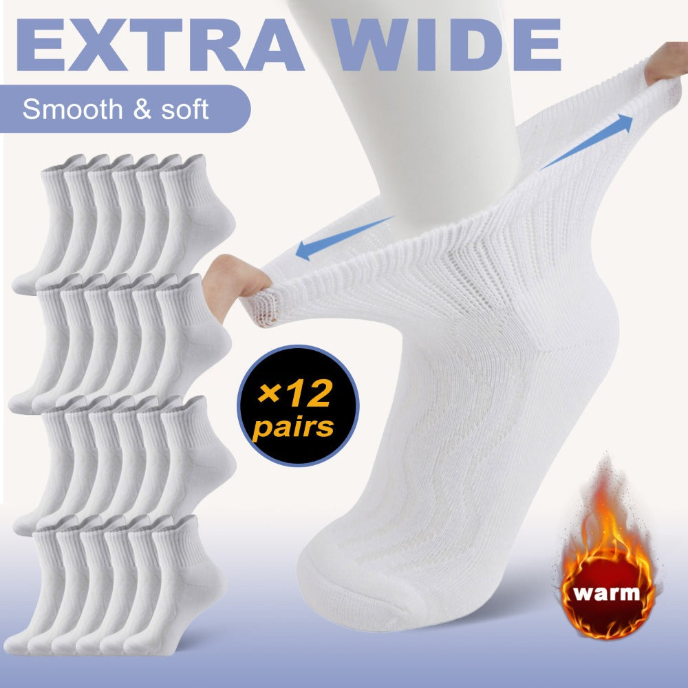 Diabetic Socks for Men & Women, 12 Pairs Non-Binding Wide Top Ankle Socks with Extra Cushioned Sole, Seamless Toe, Soft Cotton Comfort Socks for Sensitive Feet, Black & White