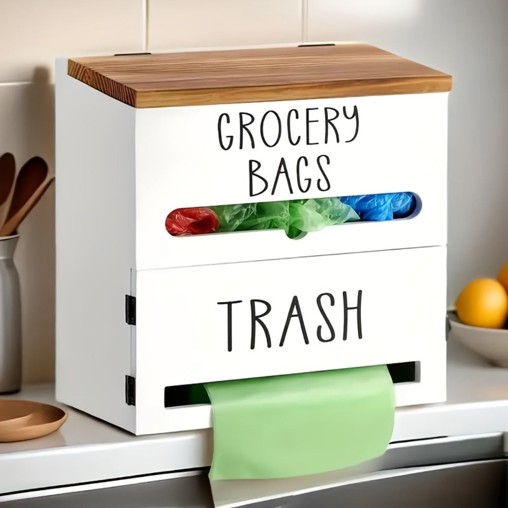 Garbage Bag Dispenser Wall Mount, Under Sink Organizer, Trash Bag Holder with Pull-Out Access, Kitchen Bag Storage Rack for Shopping Bags & Tissues, Space Saving Cabinet Organization