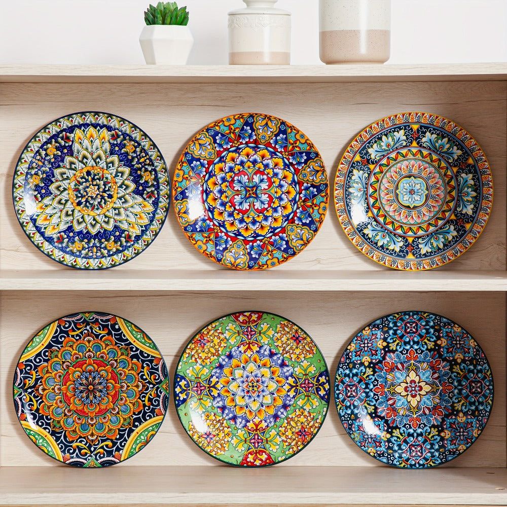 Bohemian Dinner Plates Set of 6 ¨C 10.5 Inch Colorful Stoneware Plate Set Microwave Dishwasher Safe Scratch Resistant Porcelain Dinnerware for Home Restaurant Cafe Boho Kitchen Decor Gift