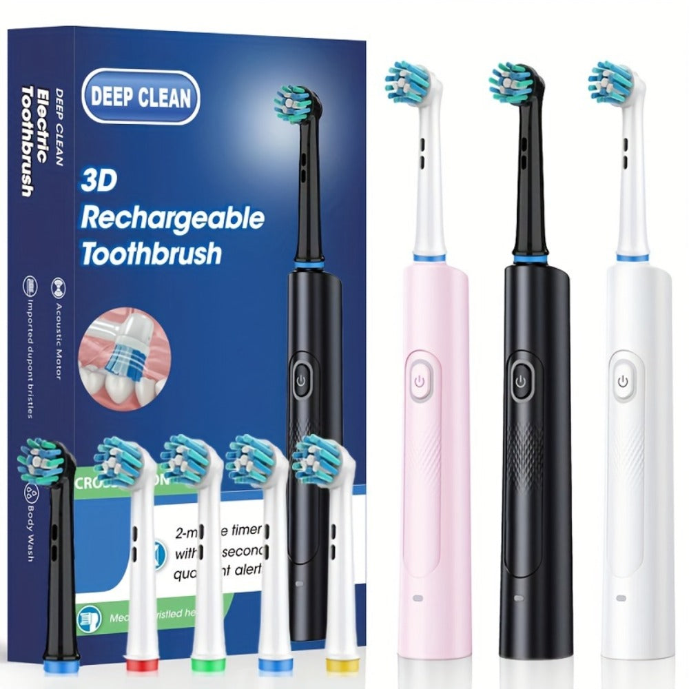 Electric Toothbrush with Smart Timer ¨C Sonic Whitening, 3D Round Soft Bristle Head, IPX67 Waterproof, USB Rechargeable, 4 or 8 Brush Heads, Black White Pink for Adults, Couples & Families