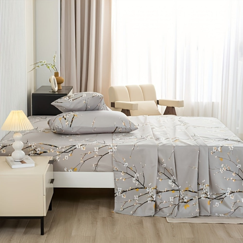 Fitted Sheet Set 4-Piece Plum Blossom Floral Print | Deep Pocket 15¡± Bed Sheets Twin Full Queen King | Soft Polyester Bedding Set with 2 Pillowcases, All-Season Machine Washable
