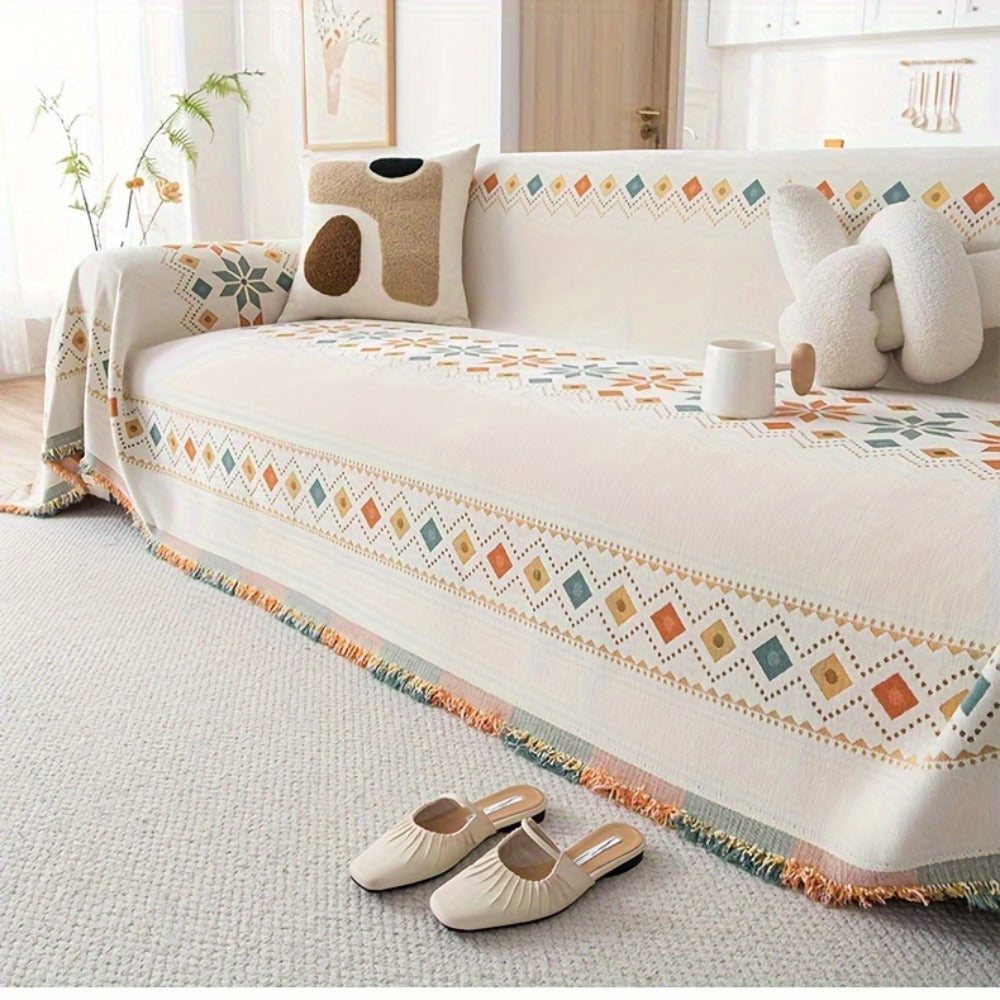 Bohemian Embroidery Chenille Sofa Cover 300GSM - Machine Washable Knit Weave Slipcover for 2 3 4 Seater Sectional Sofa No Padding, 5 Colors