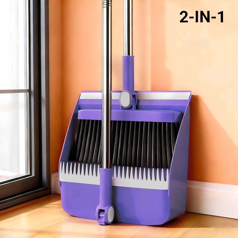 Broom and Dustpan Set with Long Handle - 2-in-1 3-in-1 4-in-1 Foldable Broom Dustpan Combo with Floor Brush for Home Office Dorm Room, Quick Dust Removal Household Cleaning Tool Set, White Pink Blue Orange Purple Grey