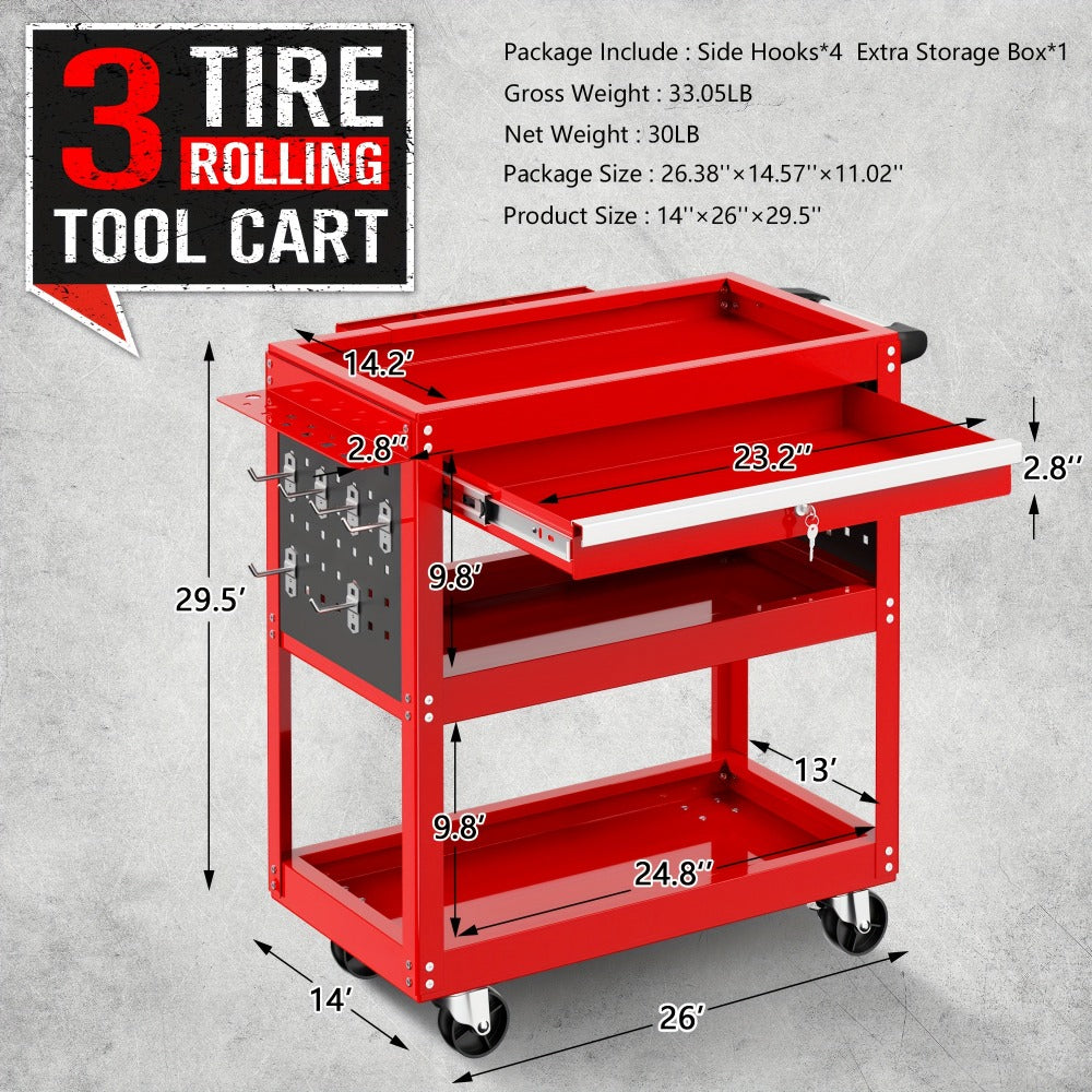 Rolling Tool Cart 3-Tier Heavy Duty 330 LBS Capacity Pegboard Organizer Locking Drawer 4 Swivel Casters for Garage Workshop Mechanics Black Yellow