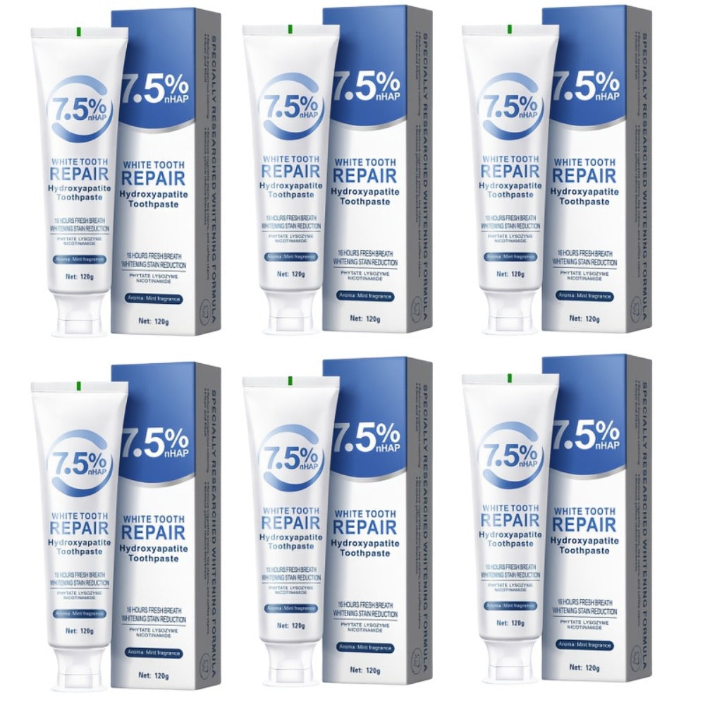 Hydroxyapatite Whitening Toothpaste 6 Pack - 7.5% Nano Deep Cleaning Gentle Non-Irritating Mint Fresh Breath Toothpaste for Sensitive Teeth, Daily Oral Care, Family & Travel Set