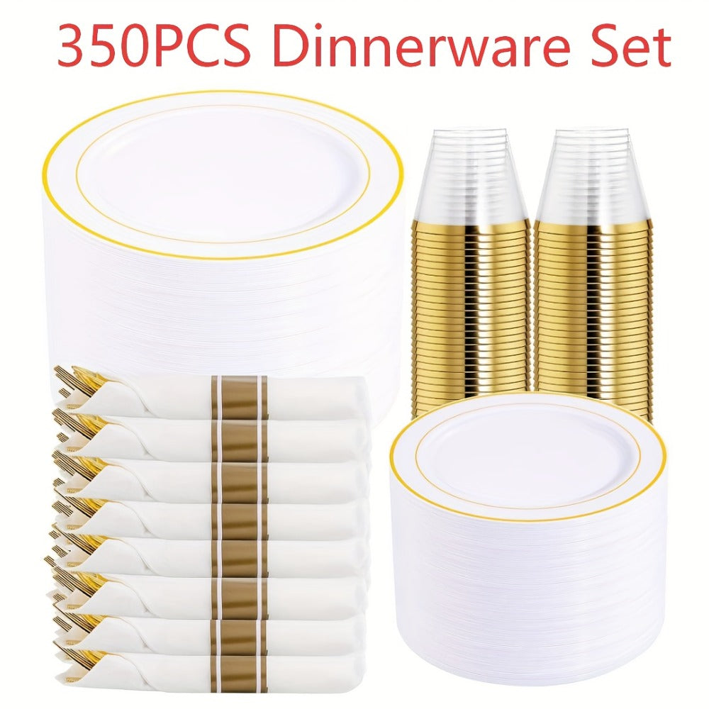 Gold Plastic Plates Disposable Dinnerware Set 350pcs ¨C 50 Dinner Plates, 50 Dessert Plates, 50 Gold Rim 9oz Cups & 50 Gold Cutlery Sets | Elegant Party Tableware for Wedding, Birthday & Holiday Events