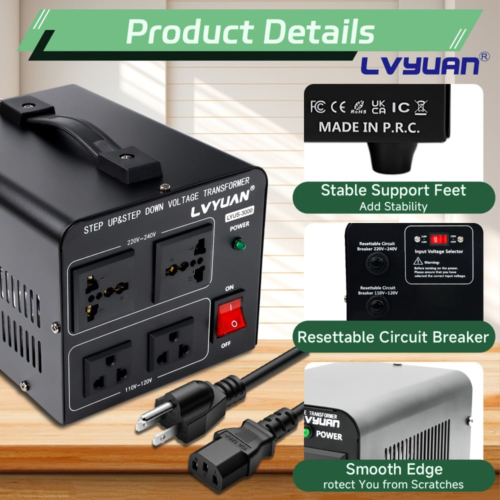 Voltage Converter Transformer 1500W Step Up Step Down - Converts 110V-120V to 220V-240V & Vice Versa, 2 US Outlets & 2 Universal Outlets, Resettable Circuit Breaker, International Travel Power Supply