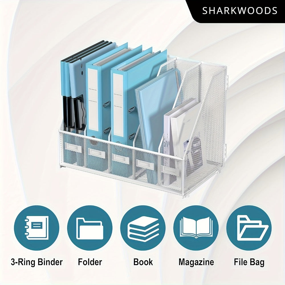 Metal Desk File Organizer 5 Vertical Compartments Magazine Holder Desktop File Rack for Office Home Workspace Document Sorter Letter Tray Paper Storage