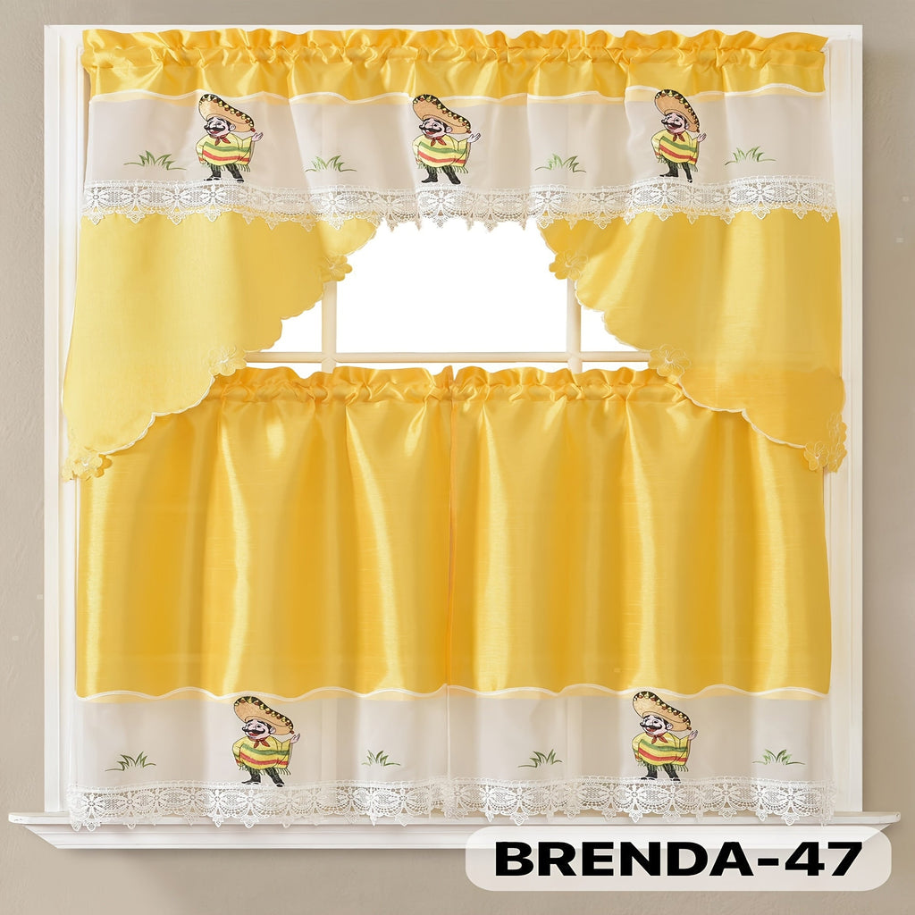 Kitchen Curtains 3 Piece Set Embroidered Satin Valance and Tiers - Rod Pocket Light Filtering Machine Washable 46 Colors Available All Season Home Decor