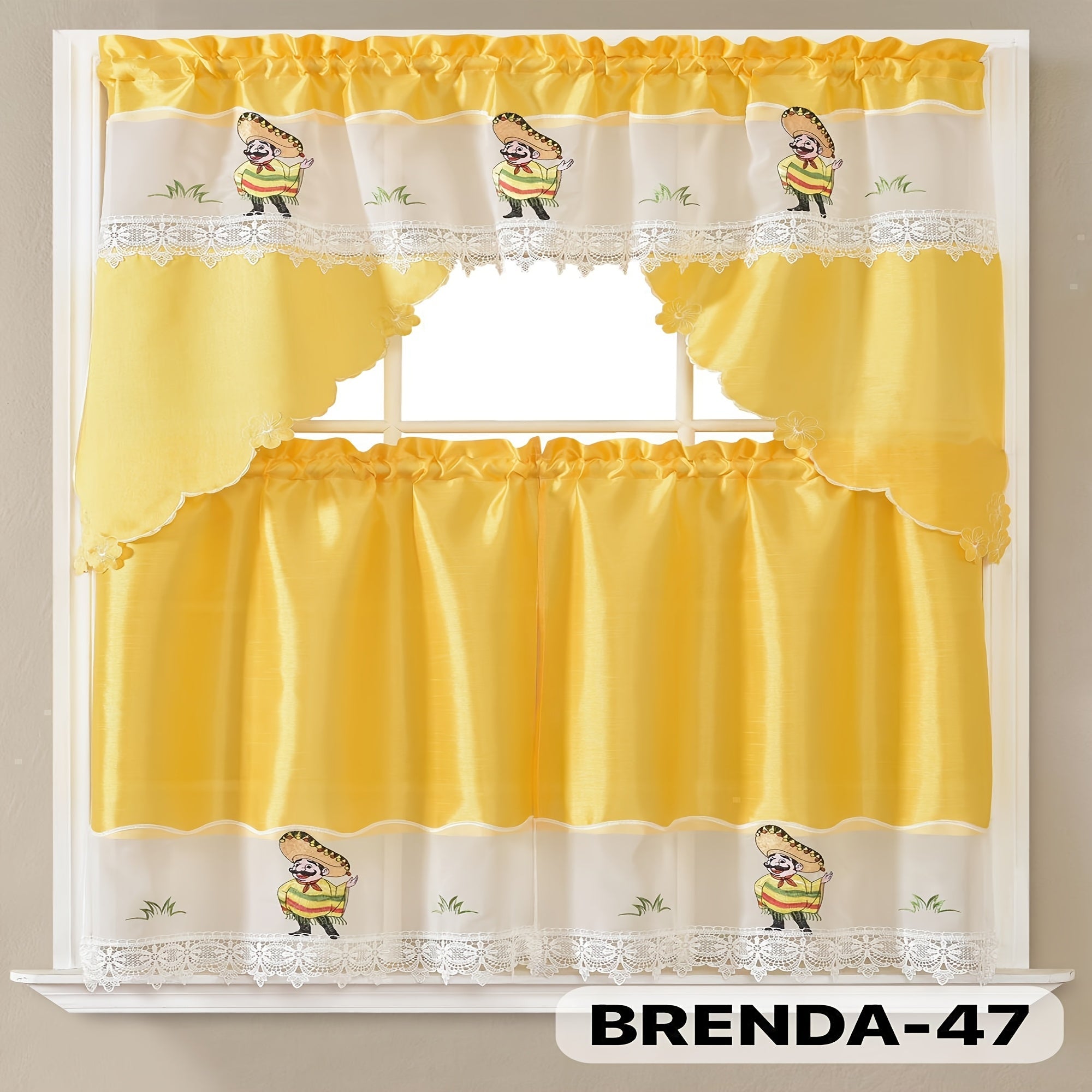 Kitchen Curtains 3 Piece Set Embroidered Satin Valance and Tiers - Rod Pocket Light Filtering Machine Washable 46 Colors Available All Season Home Decor