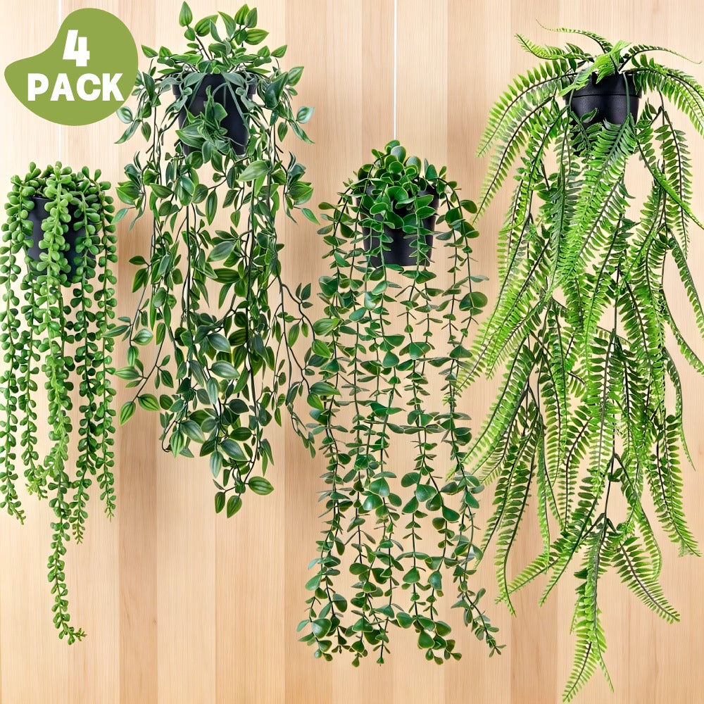 Artificial Hanging Plants 4 Pack ¨C Fake Trailing Vines for Indoor Outdoor Wall Shelf Room Decor, Realistic Faux Rose Greenery Hanging Basket Decoration