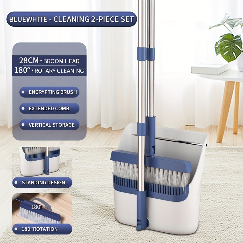 Folding Broom and Dustpan Set 50 Inch Extended Handle - Dense Elastic Bristles Wide Deep Dustpan for Dust Hair Debris, Foldable Broom for Home Kitchen Bathroom Bedroom Living Room, Blue White Black Orange Khaki