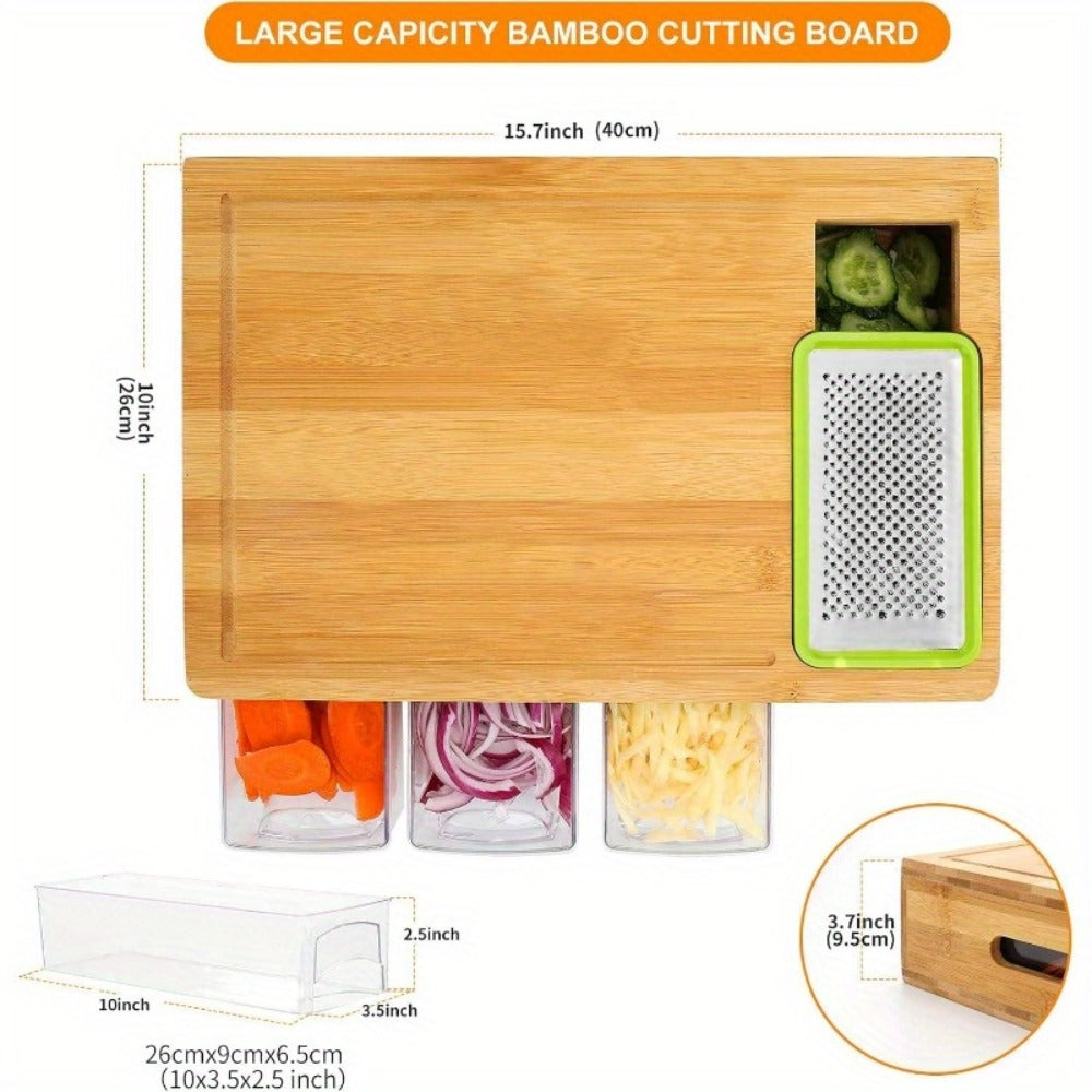 Bamboo Cutting Board with Trays & Drawers ¨C Large Butcher Block Chopping Board with Food Sliding Opening, Stackable Airtight Storage Trays & Bamboo Lids ¨C Kitchen Carving Board Gift for Home Cooks