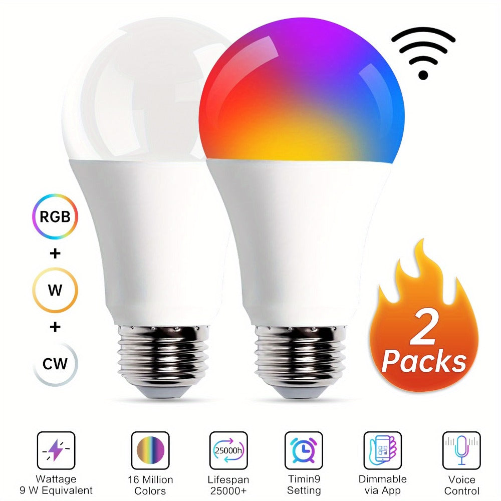 Color Changing Smart Bulbs, RGB+CW A19 E26 WiFi LED Bulb 16 Million Colors 2500K-6500K Dimmable, Works with Alexa Google Home, App Voice Control 29 Scene Modes Timer, 9W 800LM 2.4GHz No Hub Required