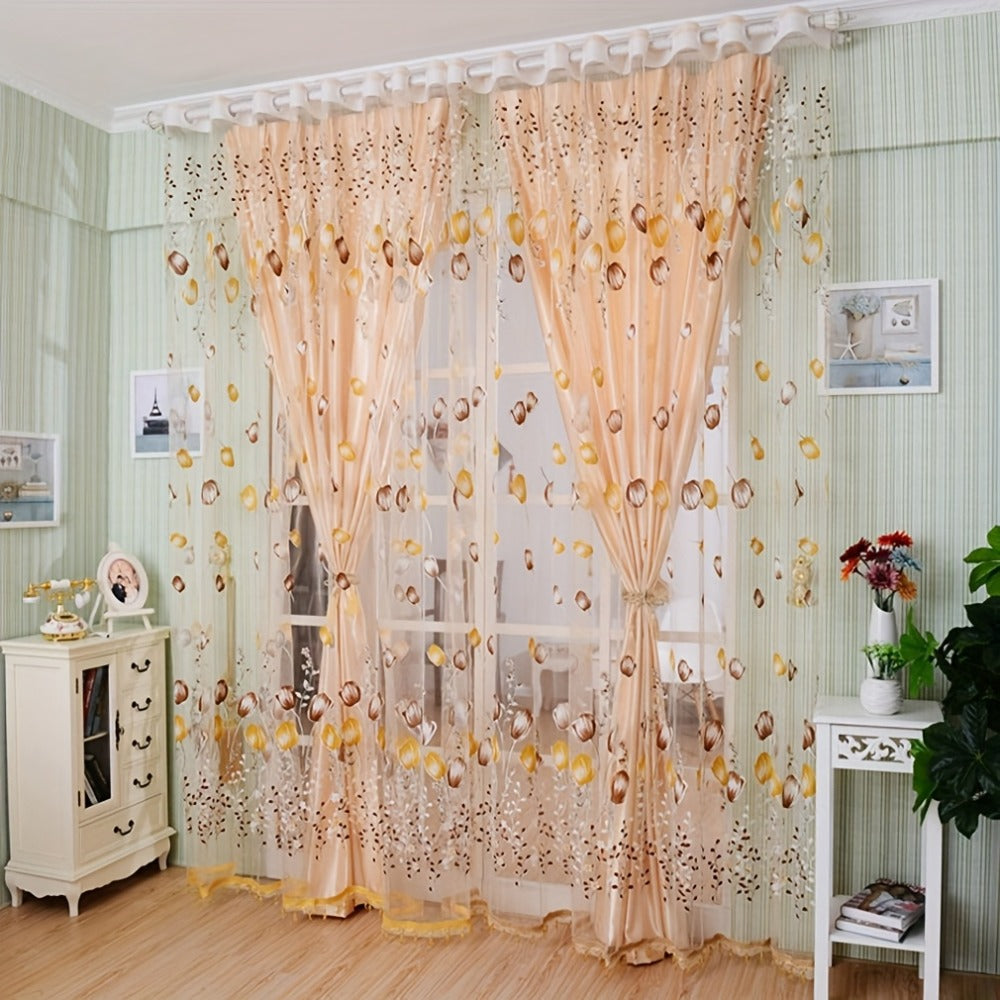 Sheer Tulip Curtains 79 Inch Length - 2 Panels Set Spring Flower Print Chiffon Window Drapes for Living Room Bedroom Balcony Rod Pocket