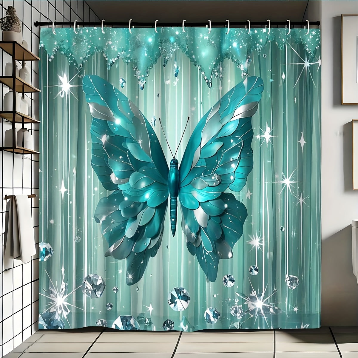 Shower Curtain Set Diamond Butterfly Print 70.8x70.8 Inch - 4 Piece Bathroom Set with U-Shape Toilet Seat Cover Non-Slip Rug 12 Hooks Machine Washable | Cyan Purple Pink | All Season Bathroom Decor