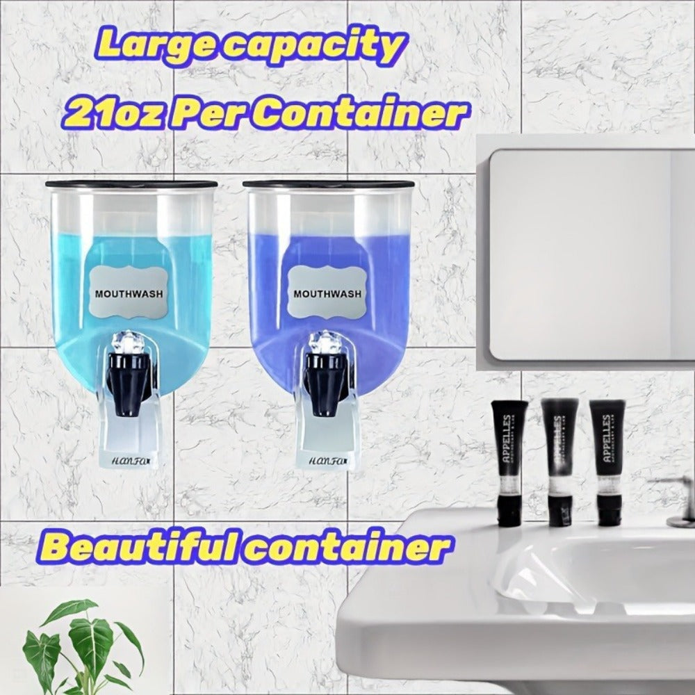Mouthwash Dispenser Wall Mounted 2-Pack 21 oz Plastic Container - No Electricity Required, Space Saving Bathroom Organizer for Countertop Storage, Durable Refillable Liquid Soap & Rinse Dispenser
