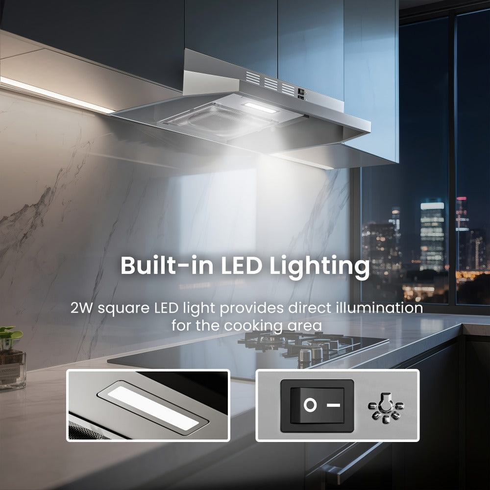 Range Hood 30 Inch Under Cabinet 350 CFM Ducted Ductless Convertible Kitchen Vent Hood with LED Light 2-Speed Exhaust Fan Stainless Steel Black White