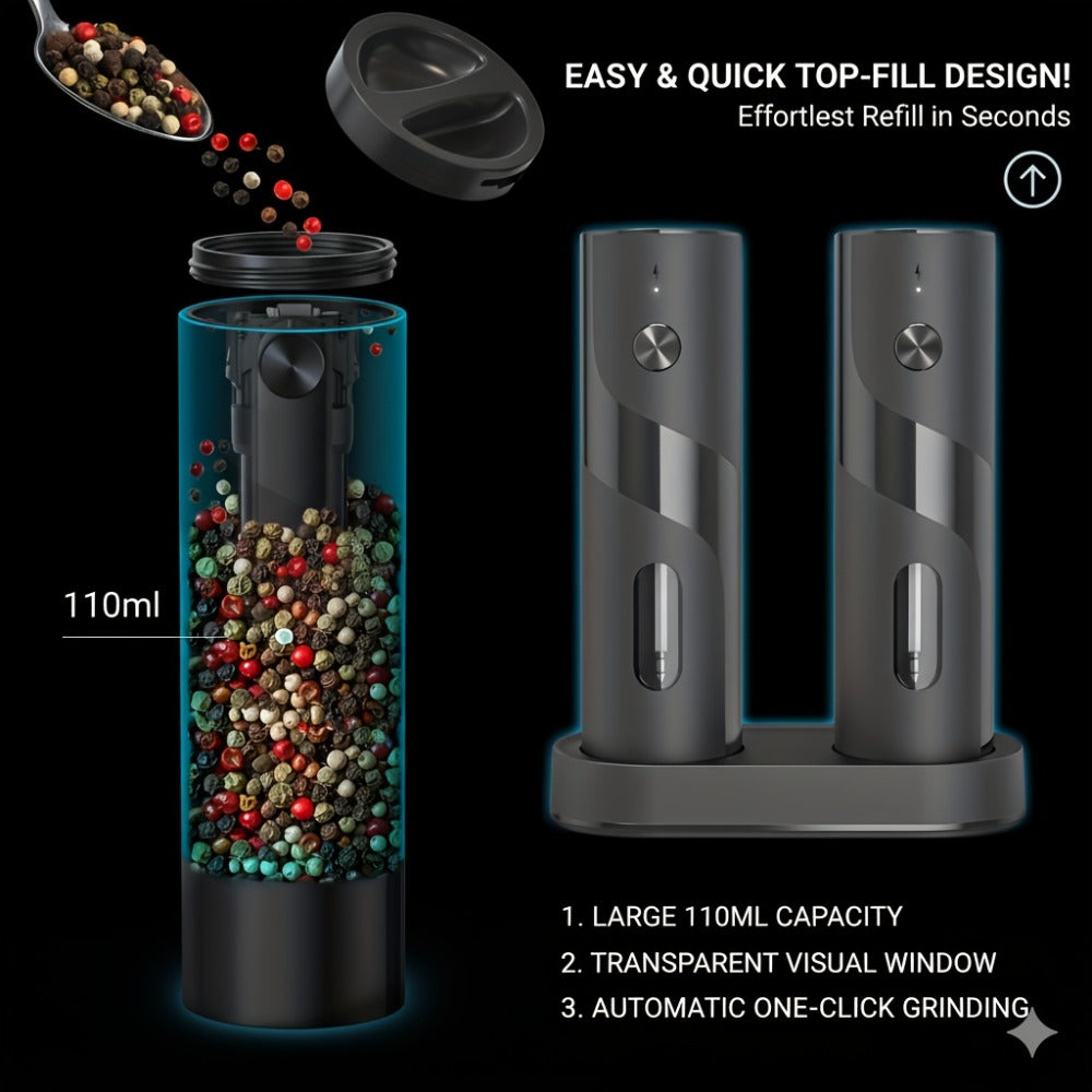 Electric Salt and Pepper Grinder Set ¨C Rechargeable Automatic Mills with LED Light, Adjustable Coarseness & 3.72oz Capacity for Home Kitchen, BBQ, Restaurant & Outdoor Entertaining