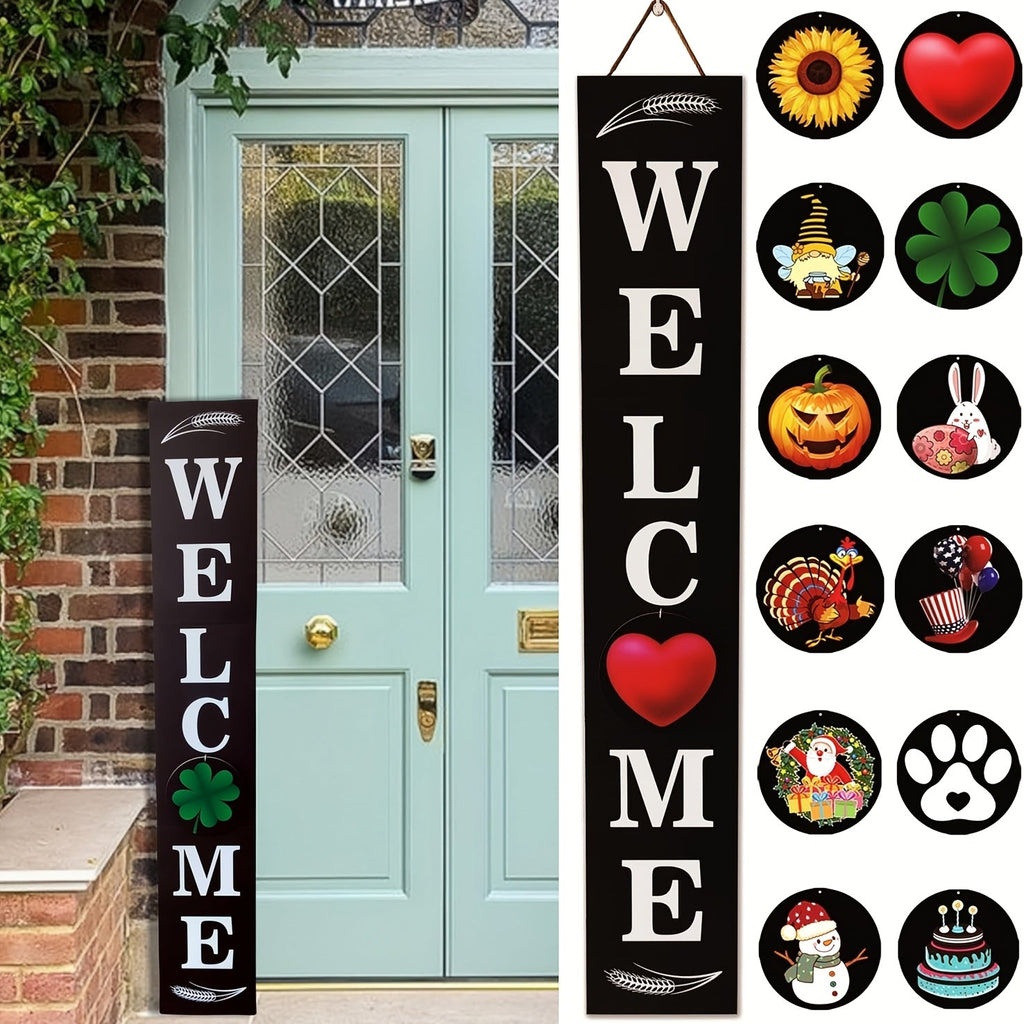 Porch Sign with 12 Interchangeable Seasonal Icons 47 Inch Tall - Welcome Sign for Front Door, Wind Resistant Leaner Board for Patio Yard Farmhouse Entryway, 4th of July Independence Day Decor