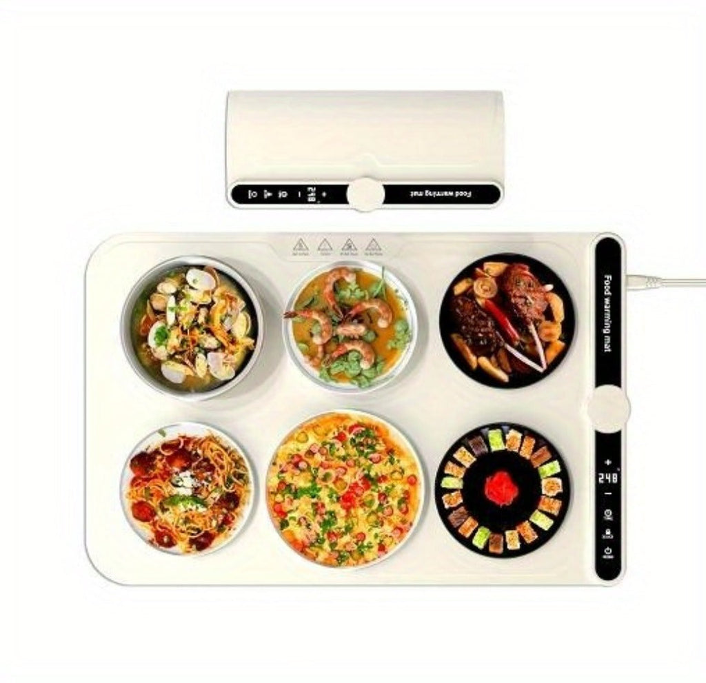 Electric Food Warming Mat with 6 Temperature Levels & 6-Hour Timer ¨C Full Surface Roll-Up Heating Tray for Holiday Parties Buffets Dining Table Keeps Food Warm Blue Beige