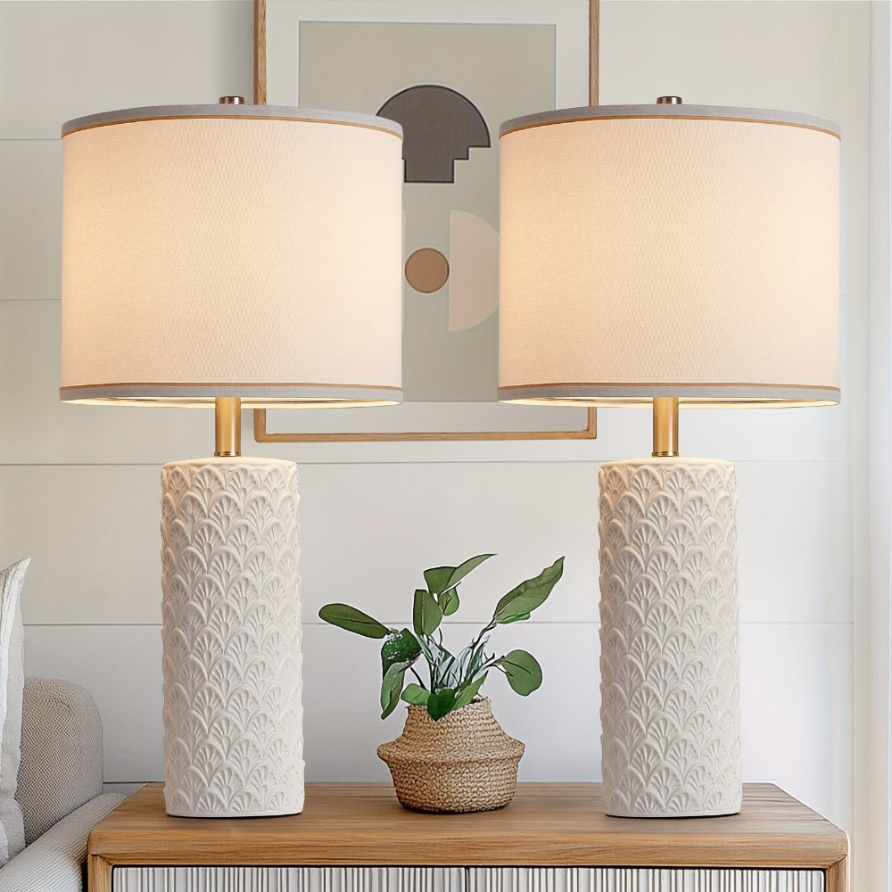 Ceramic Table Lamp ¨C Modern Farmhouse Bedside Lamp with Drum Shade, 3 Color Temperature, Knob Switch, 9W LED Bulb Included, Rustic Nightstand Desk Light for Bedroom Living Room Office Dorm (Multiple Colors)