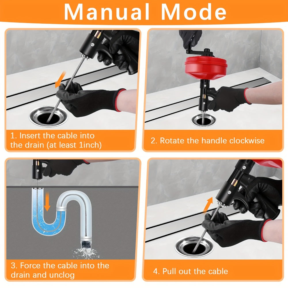 Drain Snake Auger 25ft with Drill Adapter - Heavy Duty Manual & Drill-Powered Plumbing Snake, 1/4¡± Spiral Head for 1-1/4¡± to 3¡± Pipes, Clog Remover for Shower Sink Toilet Bathtub, Gloves Included